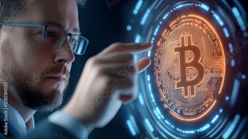 Businessman Interacting with Virtual Bitcoin Concept in Dark Studio