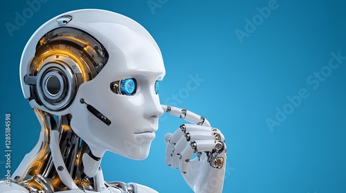 Thoughtful humanoid robot with glowing blue eyes and intricate design