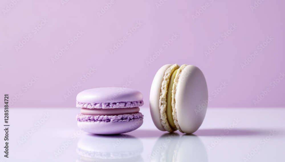 Obraz premium Two pastel colored macarons against a lavender background stand out