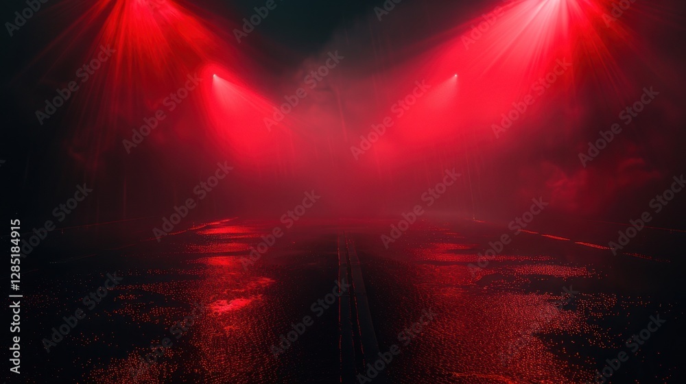 Fototapeta premium Red Light Highway Night Scene Dramatic Foggy Road