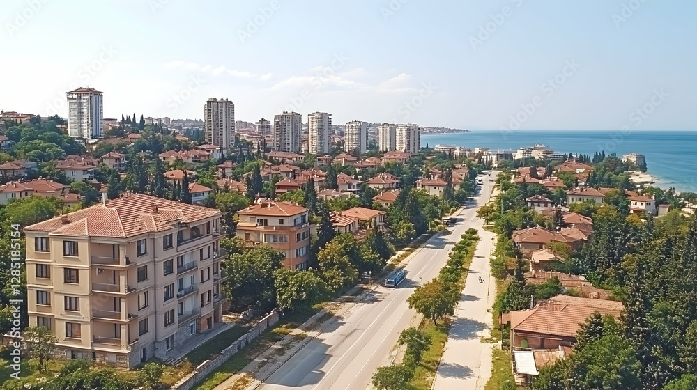 Naklejka premium Coastal Town Aerial View (1)