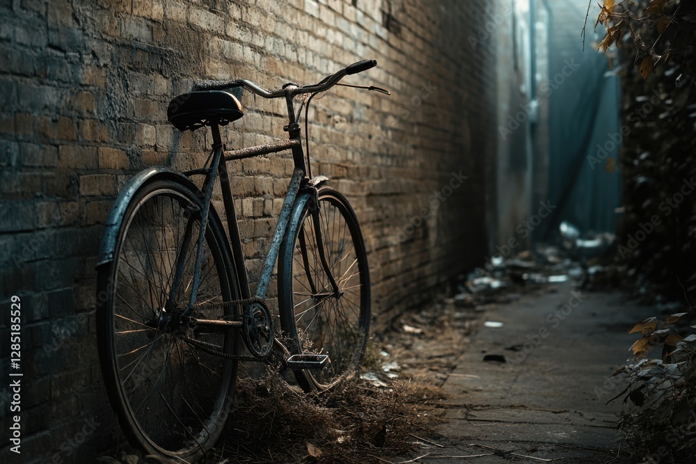 A dusty forgotten bicycle leaning against a brick wall urban alley photography dimly lit environment side view capturing nostalgia and abandonment in dusty surroundings A dusty forgotten bicycle leaning against a brick wall urban alley photography dimly lit environment side view capturing nostalgia and abandonment in dusty surroundings