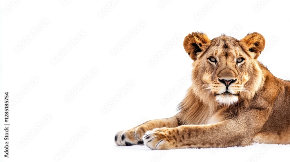 Obraz premium Majestic Lion Lying on White Background in Natural Habitat