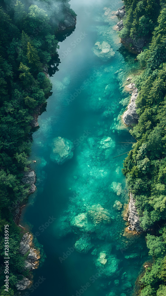 Aerial View Of Turquoise Waterway Surrounded By Lush Green Foliage Aerial View Of Turquoise Waterway Surrounded By Lush Green Foliage