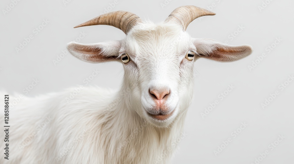 Portrait of a White Goat with Curved Horns and Calm Expression Portrait of a White Goat with Curved Horns and Calm Expression