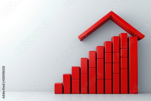 Red Bar Graph with Rising Trend and Roof Icon Representing Growth and Success