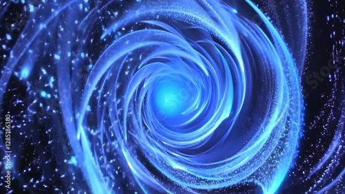 Abstract blue swirl with a bright light in the centre, surrounded by glowing particles on a dark background. Generated by AI