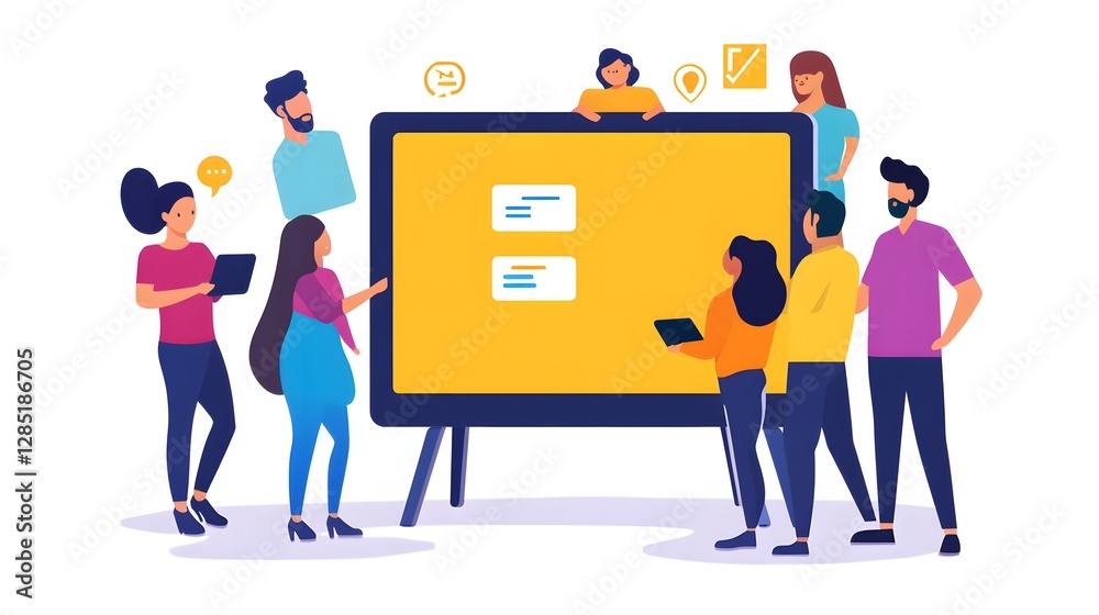 Diverse group brainstorming around large screen, young professionals collaborating in creative workspace, vibrant atmosphere for ideas. Diverse group brainstorming around large screen, young professionals collaborating in creative workspace, vibrant atmosphere for ideas.