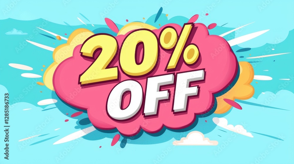 Vibrant Promotional Banner Featuring Bold Text Design for a Discount of Twenty Percent on a Light Blue Background with Colorful Elements Vibrant Promotional Banner Featuring Bold Text Design for a Discount of Twenty Percent on a Light Blue Background with Colorful Elements
