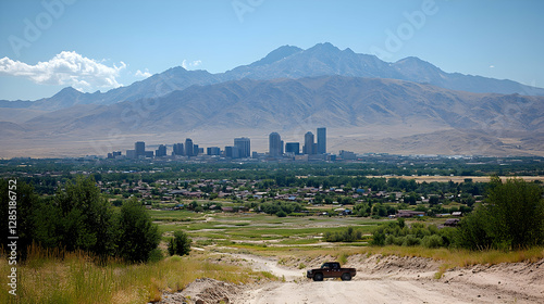 Desert Cityscape, Mountain View, SUV on Dirt Road