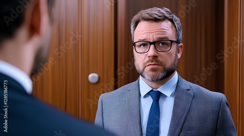 Businessman with Glasses in Office Setting Facing Another Person