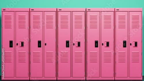 Vibrant Pink School Lockers Against a Bright Green Wall, Perfect for Youth Culture, Education Themes, and Colorful Backgrounds in Imagery