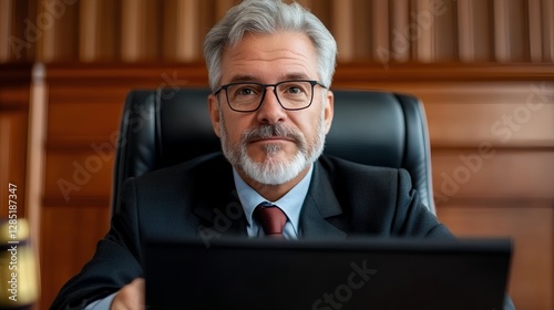Confident Businessman Sitting at Desk with Laptop in Office Setting