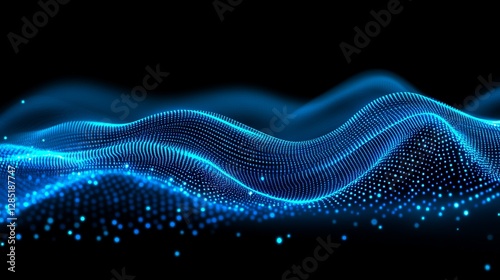 Abstract Blue Waves with Glowing Particles on Black Background