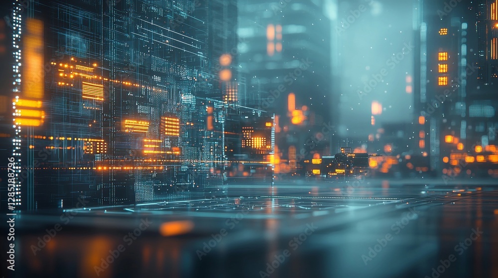 Naklejka premium Futuristic urban data visualization event cyber city digital art high-tech environment close-up viewpoint emerging concepts for seo impact