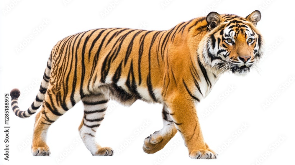 Fototapeta premium Vibrant Tiger Walking Gracefully on a White Background