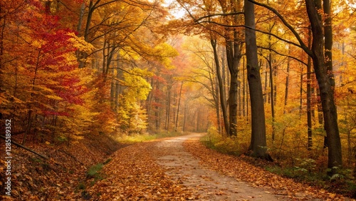 Fototapeta Naklejka Na Ścianę i Meble -  A serene autumn path surrounded by vibrant fall foliage, with golden leaves carpeting the ground, inviting peaceful strolls.
