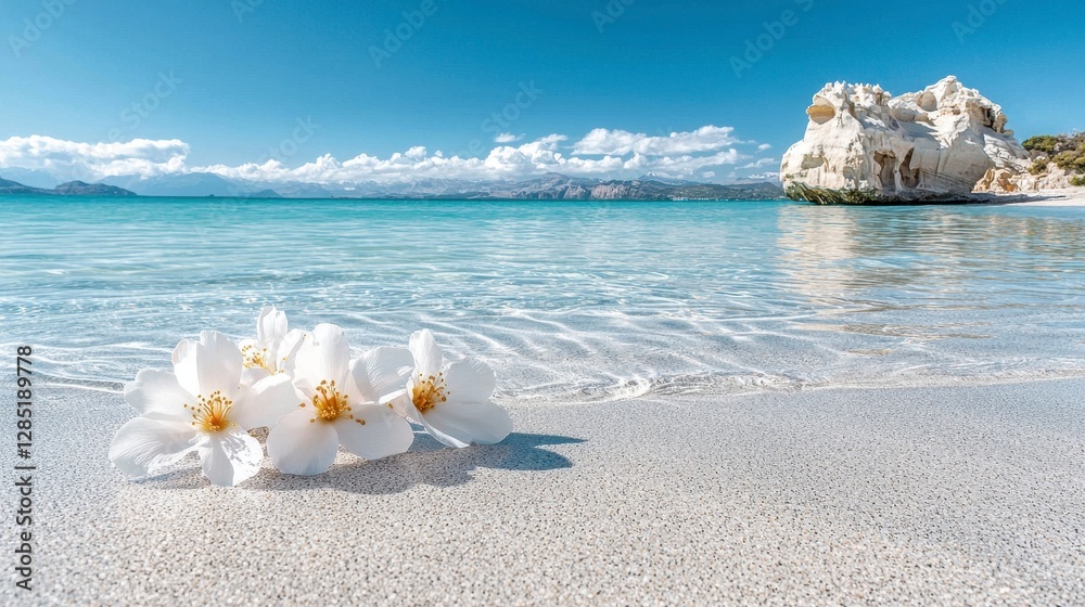 Serene Coastal Scene: White Flowers on Tranquil Beach with Clear Water and Scenic Rock Formation Serene Coastal Scene: White Flowers on Tranquil Beach with Clear Water and Scenic Rock Formation