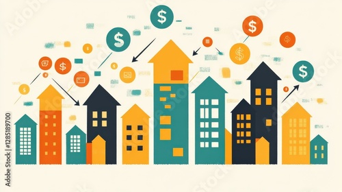 Colorful Illustrative Cityscape with Dollar Signs and Growth Arrows for Business Concept