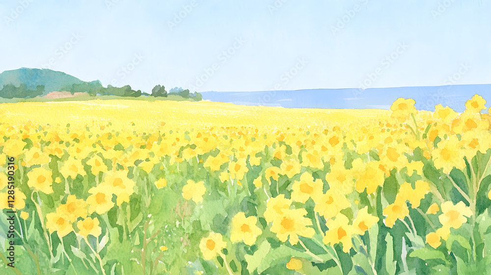 Fototapeta premium A vast mustard field in full bloom, with bright yellow flowers stretching into the horizon, Generative AI
