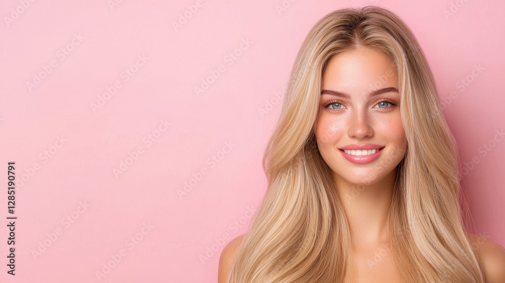 Fototapeta premium Beautiful young woman with long blonde hair smiling against a soft pink background, showcasing natural beauty and confidence in an elegant portrait style