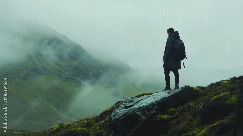 A lone hiker contemplates the misty green mountainscape from a rocky outcrop A breathtaking view of nature s beauty A lone hiker contemplates the misty green mountainscape from a rocky outcrop A breathtaking view of nature s beauty