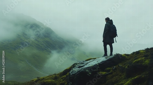 A lone hiker contemplates the misty green mountainscape from a rocky outcrop A breathtaking view of nature s beauty photo