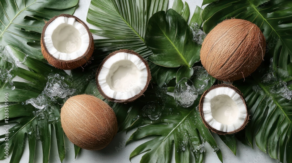 Tropical coconuts, sliced open, on lush leaves, with water droplets, flat lay Tropical coconuts, sliced open, on lush leaves, with water droplets, flat lay