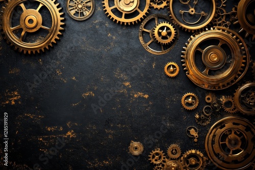 black background with golden gears and cogs arranged in a steampunk-inspired design, Generative AI