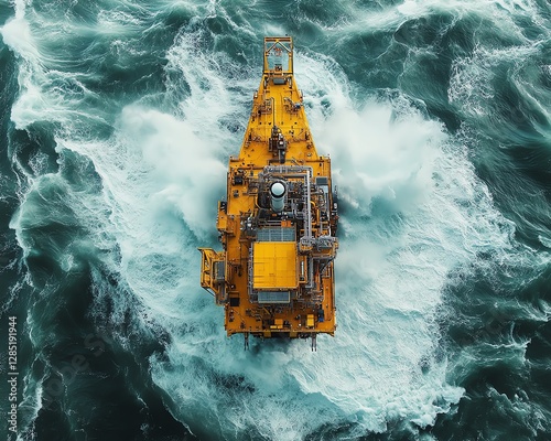 Offshore yellow drilling rig in turbulent waters, symbolizing industrial energy extraction, with powerful equipment producing oil and gas resources