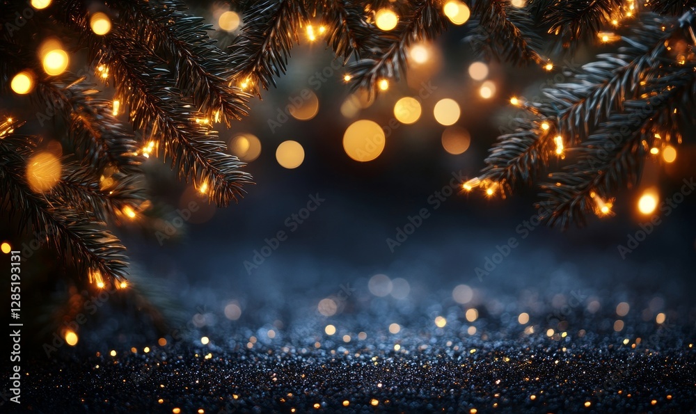 Naklejka premium Golden sparkles and bokeh lights scattered on a black background, creating a magical atmosphere, Generative AI