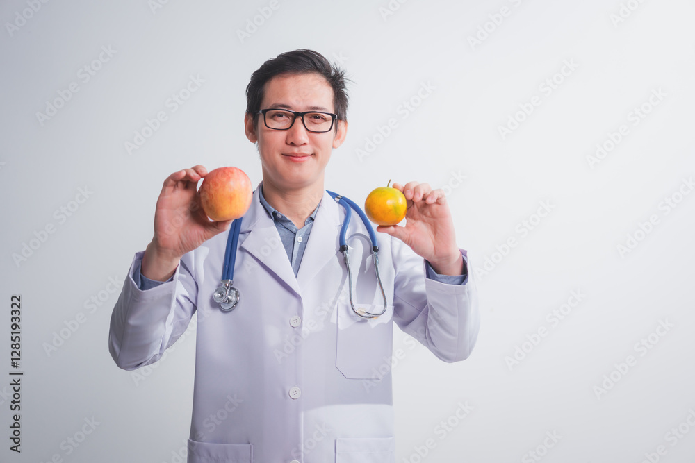 A male doctor stands holding an apple against a white background, promoting healthy eating educates patients on nutrition, wellness, disease prevention through a balanced diet and medical expertise A male doctor stands holding an apple against a white background, promoting healthy eating educates patients on nutrition, wellness, disease prevention through a balanced diet and medical expertise