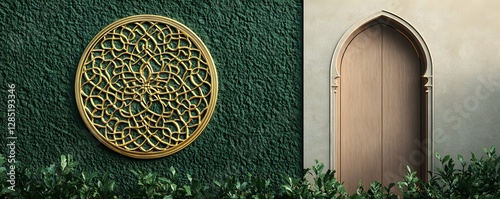 Golden intricate circle and arched doorway adorn a textured wall