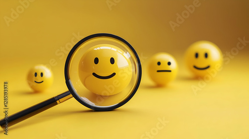 Bright yellow background with different emoticon faces, emphasis on smiling emoji under magnifying glass