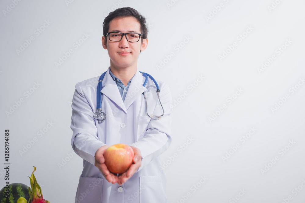 A male doctor stands holding an apple against a white background, promoting healthy eating educates patients on nutrition, wellness, disease prevention through a balanced diet and medical expertise A male doctor stands holding an apple against a white background, promoting healthy eating educates patients on nutrition, wellness, disease prevention through a balanced diet and medical expertise