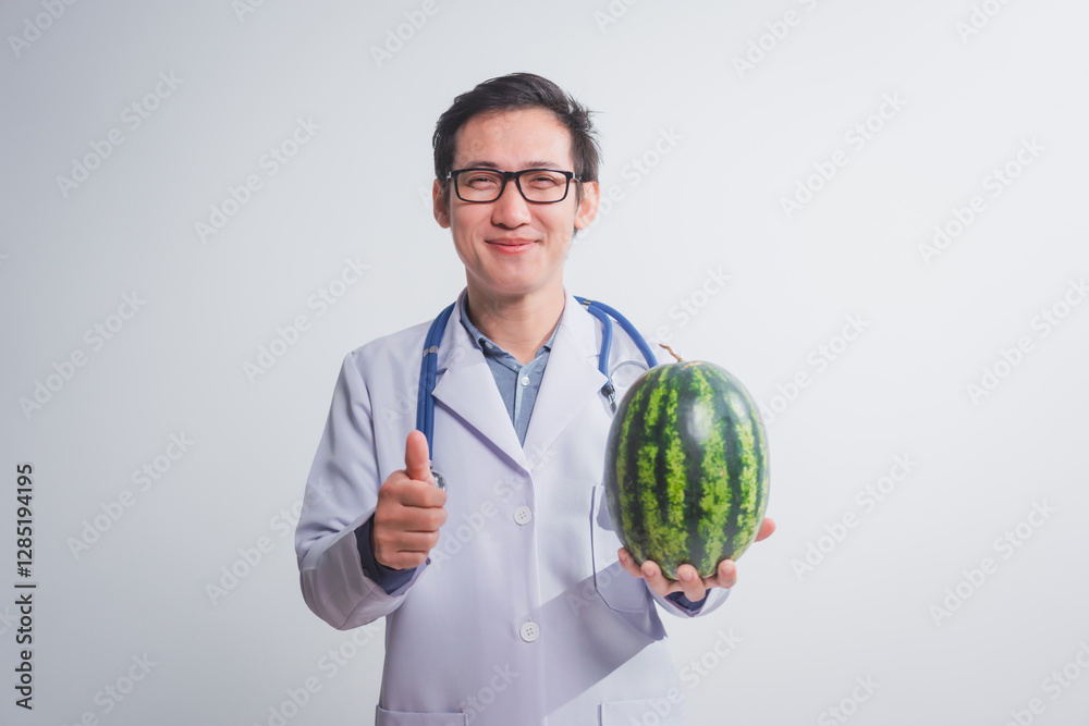 A male doctor stands holding an apple against a white background, promoting healthy eating educates patients on nutrition, wellness, disease prevention through a balanced diet and medical expertise A male doctor stands holding an apple against a white background, promoting healthy eating educates patients on nutrition, wellness, disease prevention through a balanced diet and medical expertise