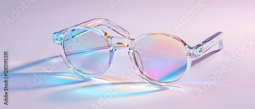 Clear Frame Eyeglasses with Gradient Lenses on Soft Pink Background Reflecting Rainbow Light Beams