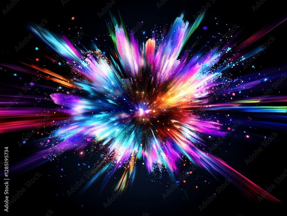 Naklejka premium A vibrant explosion of colors and light radiates against a dark background, creating a dynamic and energetic visual effect.