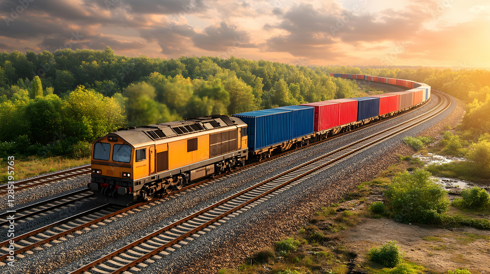 Obraz premium Freight train curves through a forest at sunset