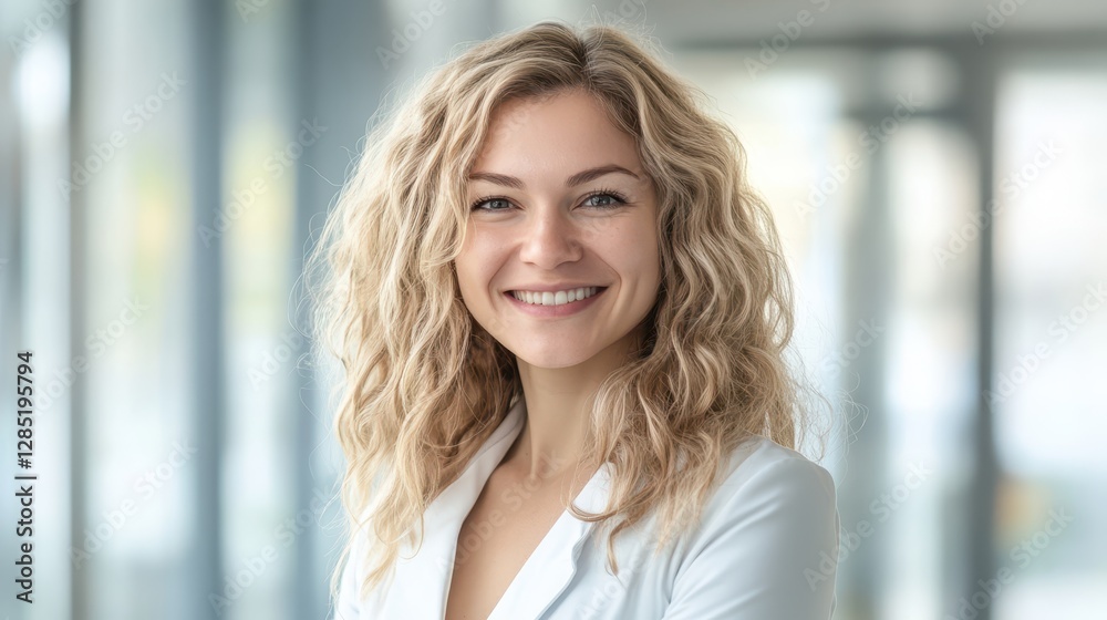 Smiling Young Woman with Curly Hair in Modern Office Environment Smiling Young Woman with Curly Hair in Modern Office Environment
