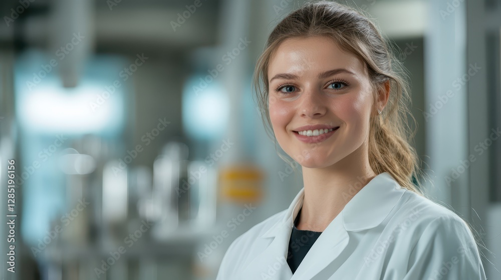 Smiling Female Scientist in Laboratory Setting with White Coat Smiling Female Scientist in Laboratory Setting with White Coat