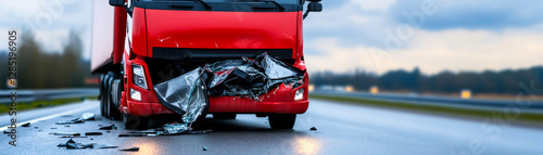 Damaged truck with broken front end on road, showing accident aftermath
