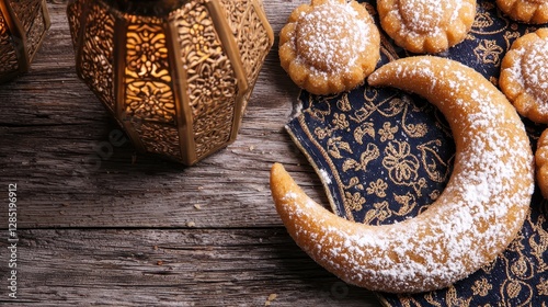 Delicious Eid sweets and golden lanterns creating a festive mood