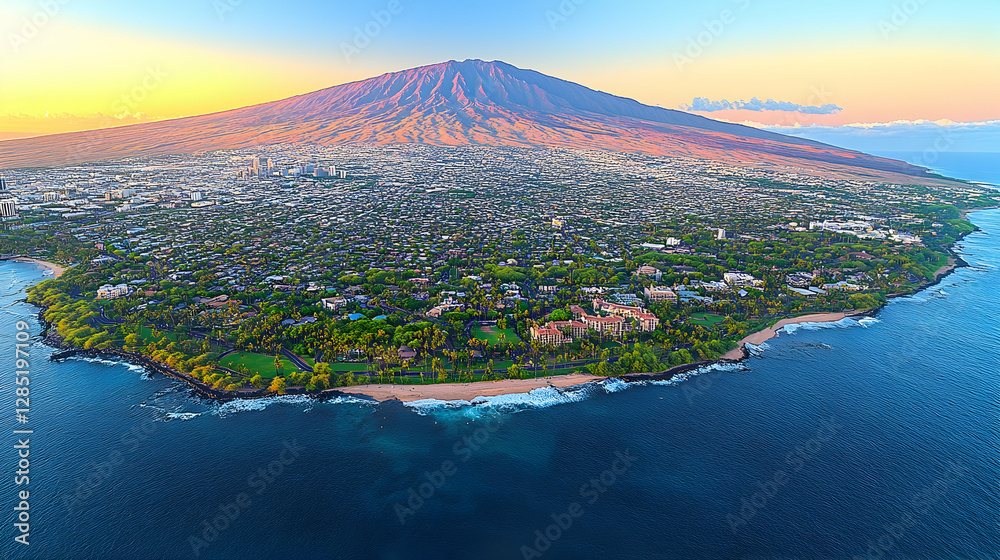 Fototapeta premium Hawaii Volcano Cityscape Aerial Sunrise