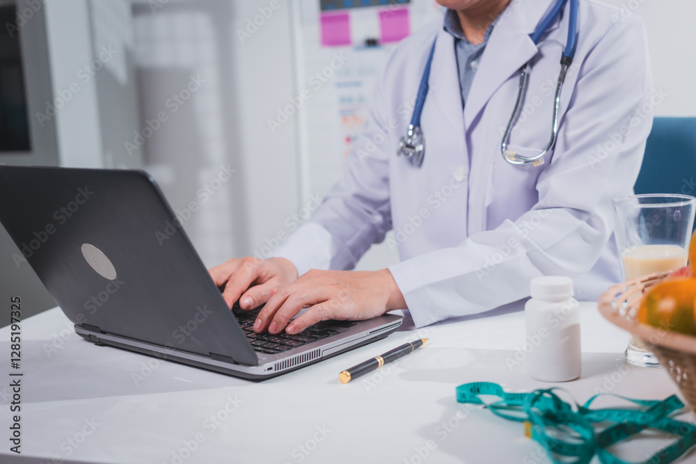 A male nutritionist works at his desk, discussing the benefits of eating fruit. He analyzes diets and educates patients on healthy eating habits for optimal health and well-being A male nutritionist works at his desk, discussing the benefits of eating fruit. He analyzes diets and educates patients on healthy eating habits for optimal health and well-being