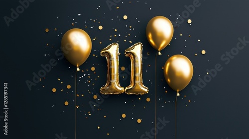Golden balloons and festive decoration for celebrating the eleventh birthday on a dark background with confetti and sparkling details