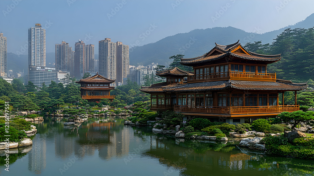 Obraz premium Hong Kong Garden Pavilions Reflecting Cityscape