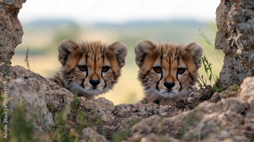 Obraz premium Two Young Cheetah Cubs Peeking Through Rock Formation in Natural Habitat with Lush Green Background Under Soft Natural Light