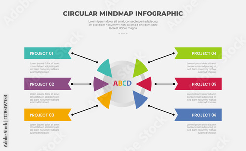 circular mind map infographic outline style with 6 point template with big circle centered with arrow and header badge for slide presentation