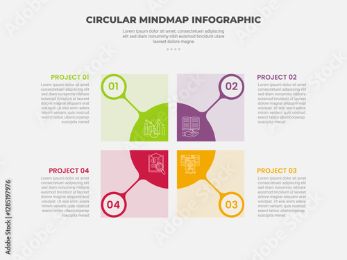 circular mind map infographic outline style with 4 point template with square matrix center with circle line connection for slide presentation